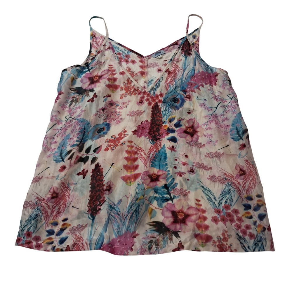 Abbeline 100% Silk Fairycore Cami Tank Top Womens Medium Pink V Neck Floral Art
